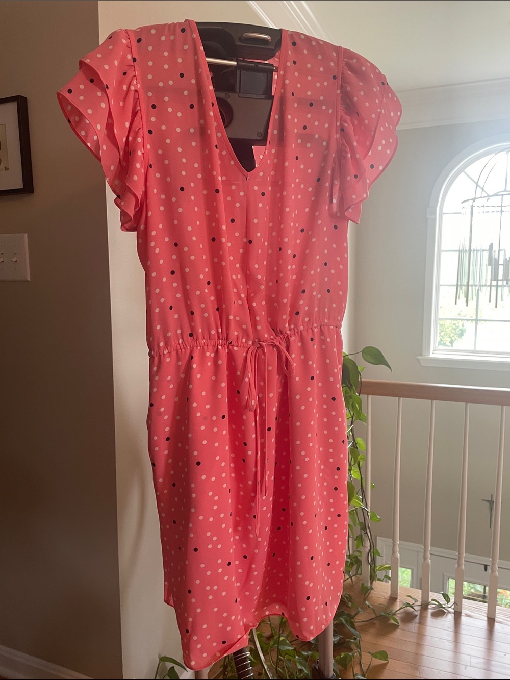Coral Polka Dot V-Neck Drawstring Waist Dress